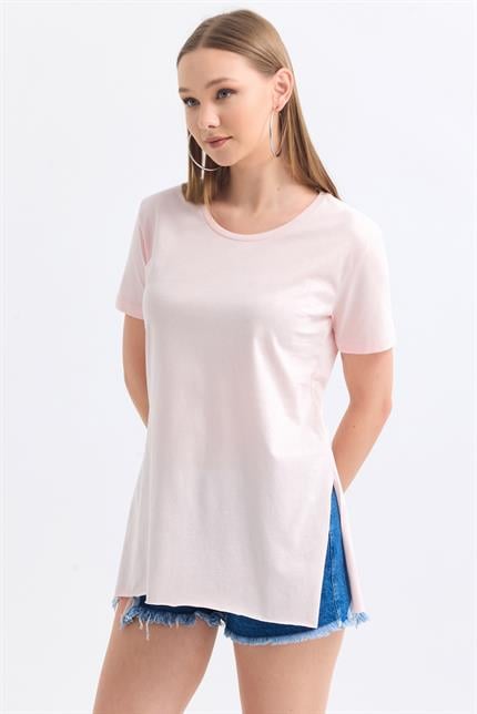 Bisiklet Yaka Yan Yırtmaçlı Basic Tişört - Pudra