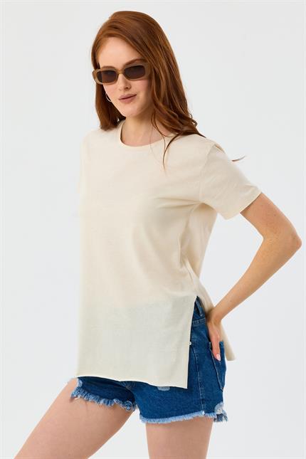 Bisiklet Yaka Yan Yırtmaçlı Basic Tişört - Taş