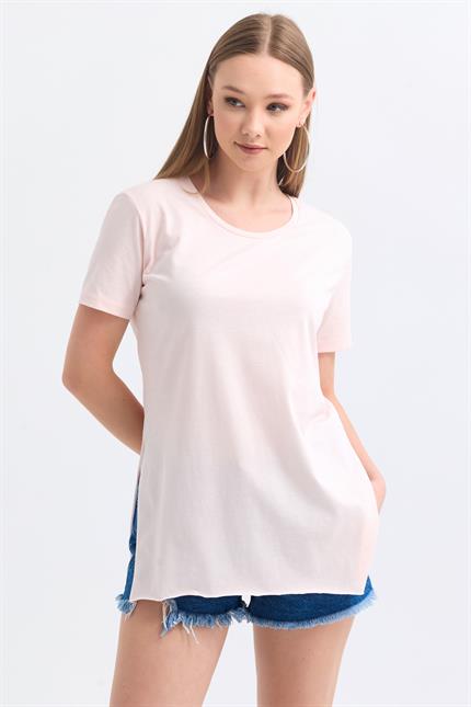 Bisiklet Yaka Yan Yırtmaçlı Basic Tişört - Pudra