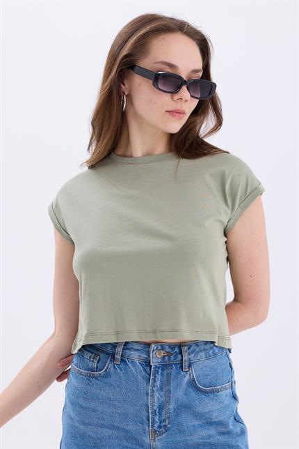 Bisiklet Yaka Yarasa Kollu Basic Crop Tişört - Mint Yeşil