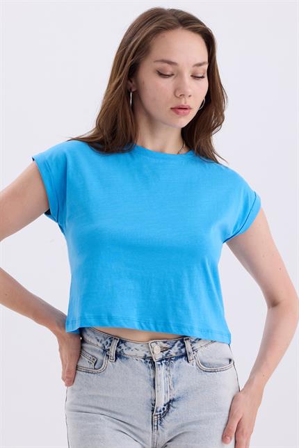 Bisiklet Yaka Yarasa Kollu Basic Crop Tişört - Açık Mavi
