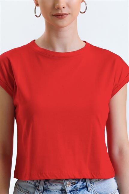 Bisiklet Yaka Yarasa Kollu Basic Crop Tişört - Kırmızı