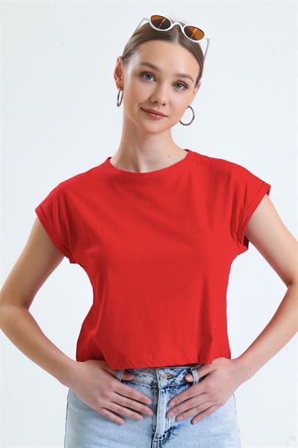 Bisiklet Yaka Yarasa Kollu Basic Crop Tişört - Kırmızı
