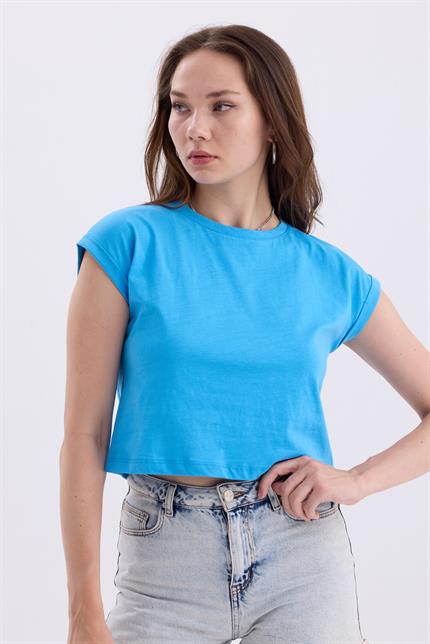 Bisiklet Yaka Yarasa Kollu Basic Crop Tişört - Açık Mavi