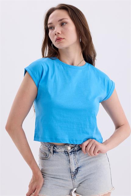 Bisiklet Yaka Yarasa Kollu Basic Crop Tişört - Açık Mavi