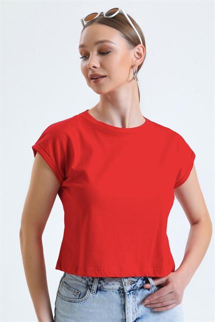 Bisiklet Yaka Yarasa Kollu Basic Crop Tişört - Kırmızı