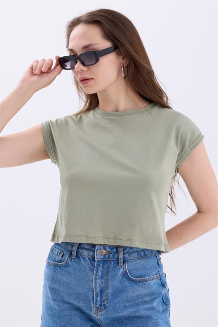 Bisiklet Yaka Yarasa Kollu Basic Crop Tişört - Mint Yeşil