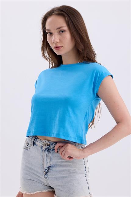 Bisiklet Yaka Yarasa Kollu Basic Crop Tişört - Açık Mavi