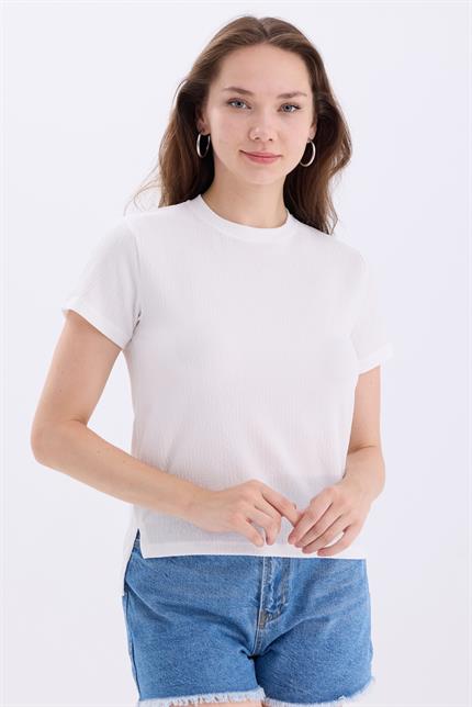 Bisiklet Yaka Yırtmaçlı Basic Crop Tişört - Beyaz