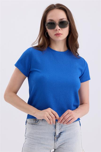 Bisiklet Yaka Yırtmaçlı Basic Crop Tişört - Saks