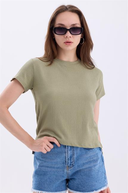 Bisiklet Yaka Yırtmaçlı Basic Crop Tişört - Mint Yeşil