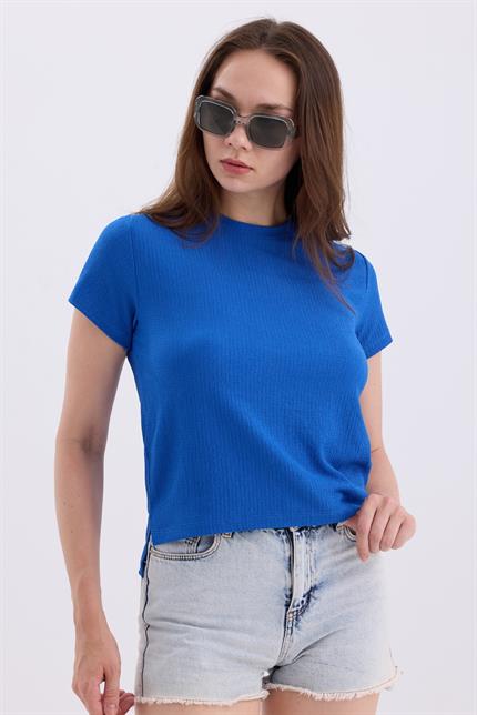 Bisiklet Yaka Yırtmaçlı Basic Crop Tişört - Saks