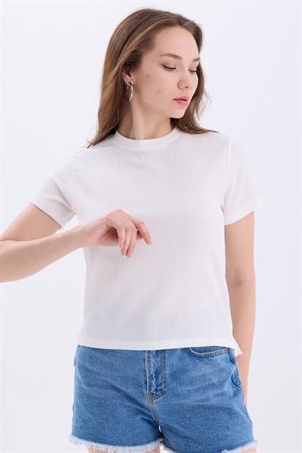 Bisiklet Yaka Yırtmaçlı Basic Crop Tişört - Beyaz