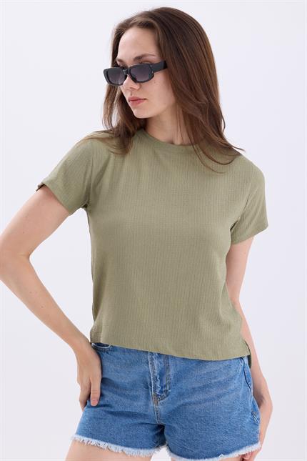 Bisiklet Yaka Yırtmaçlı Basic Crop Tişört - Mint Yeşil