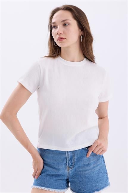 Bisiklet Yaka Yırtmaçlı Basic Crop Tişört - Beyaz