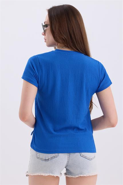 Bisiklet Yaka Yırtmaçlı Basic Crop Tişört - Saks