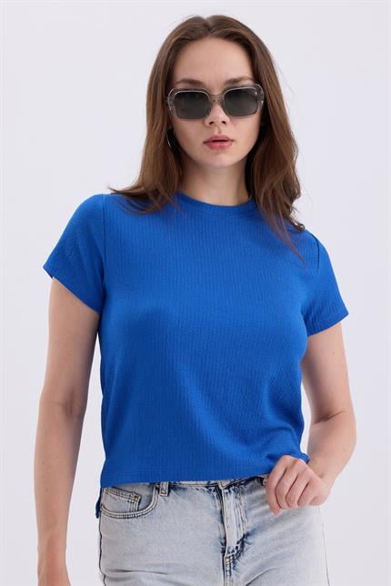 Bisiklet Yaka Yırtmaçlı Basic Crop Tişört - Saks