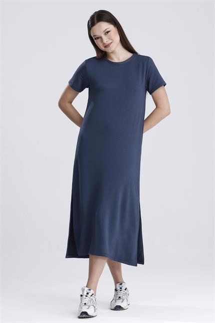 Bisiklet Yaka Yırtmaçlı Modal Basic Salaş Elbise - Antrasit