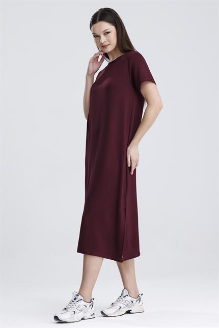 Bisiklet Yaka Yırtmaçlı Modal Basic Salaş Elbise - Bordo