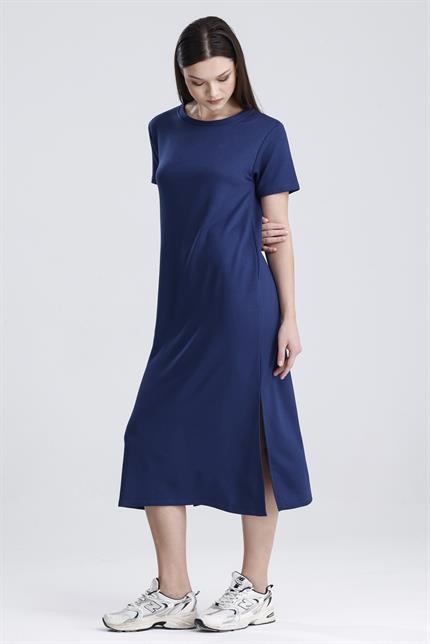 Bisiklet Yaka Yırtmaçlı Modal Basic Salaş Elbise - Lacivert