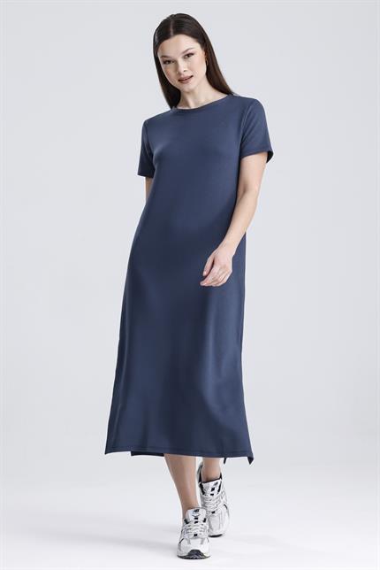 Bisiklet Yaka Yırtmaçlı Modal Basic Salaş Elbise - Antrasit