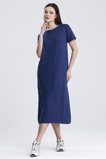 Bisiklet Yaka Yırtmaçlı Modal Basic Salaş Elbise - Lacivert