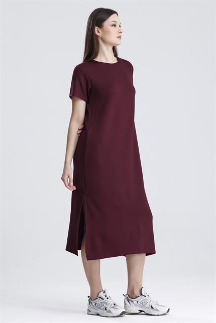 Bisiklet Yaka Yırtmaçlı Modal Basic Salaş Elbise - Bordo