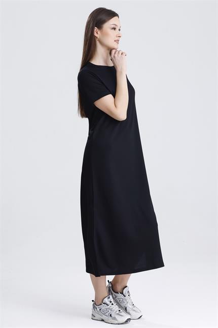 Bisiklet Yaka Yırtmaçlı Modal Basic Salaş Elbise - Siyah