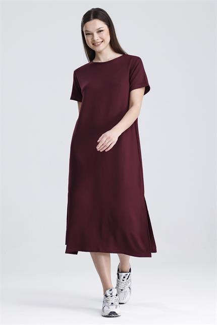 Bisiklet Yaka Yırtmaçlı Modal Basic Salaş Elbise - Bordo