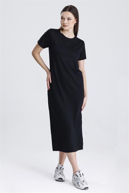 Bisiklet Yaka Yırtmaçlı Modal Basic Salaş Elbise - Siyah