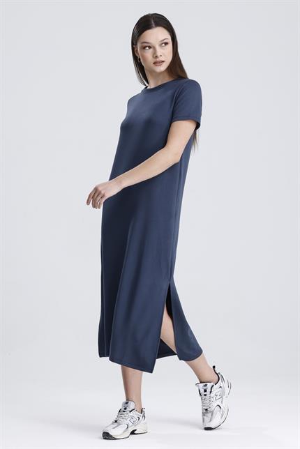 Bisiklet Yaka Yırtmaçlı Modal Basic Salaş Elbise - Antrasit