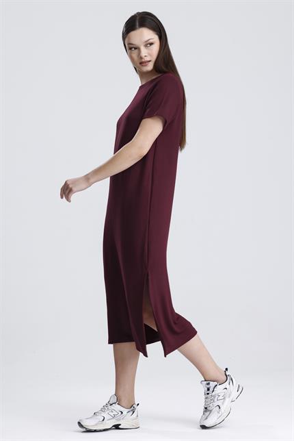 Bisiklet Yaka Yırtmaçlı Modal Basic Salaş Elbise - Bordo