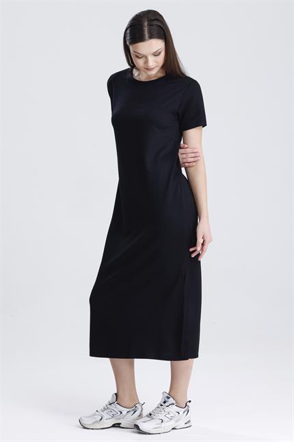Bisiklet Yaka Yırtmaçlı Modal Basic Salaş Elbise - Siyah