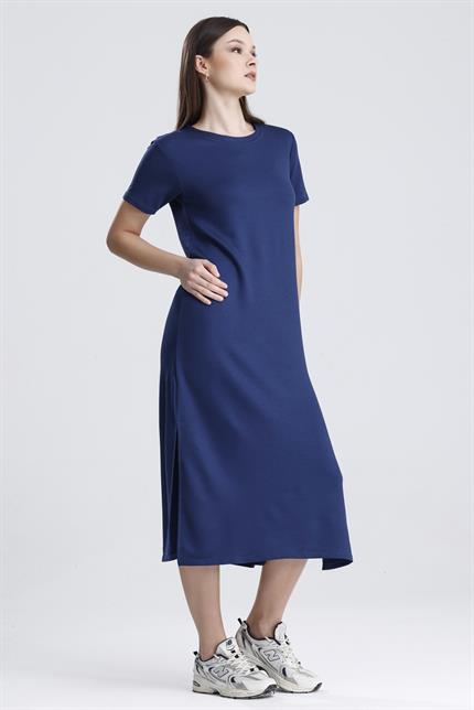 Bisiklet Yaka Yırtmaçlı Modal Basic Salaş Elbise - Lacivert
