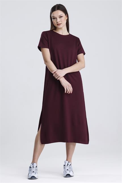 Bisiklet Yaka Yırtmaçlı Modal Basic Salaş Elbise - Bordo