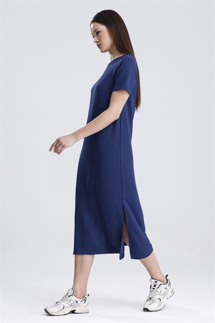 Bisiklet Yaka Yırtmaçlı Modal Basic Salaş Elbise - Lacivert