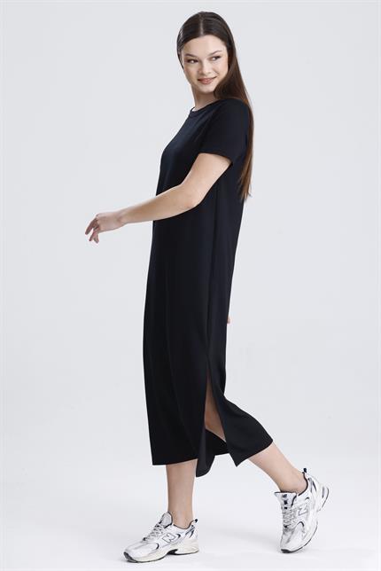 Bisiklet Yaka Yırtmaçlı Modal Basic Salaş Elbise - Siyah
