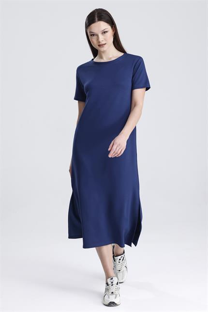 Bisiklet Yaka Yırtmaçlı Modal Basic Salaş Elbise - Lacivert