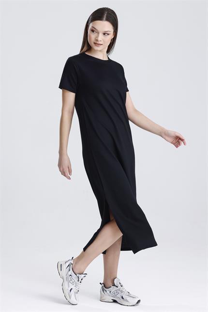 Bisiklet Yaka Yırtmaçlı Modal Basic Salaş Elbise - Siyah
