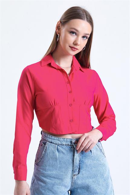 Büzgü Detaylı Gipeli Crop Poplin Gömlek - Fuşya