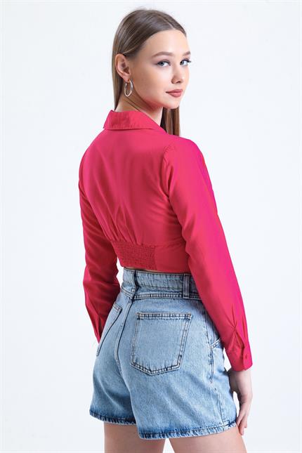 Büzgü Detaylı Gipeli Crop Poplin Gömlek - Fuşya