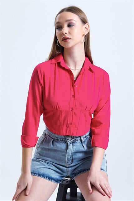 Büzgü Detaylı Gipeli Crop Poplin Gömlek - Fuşya