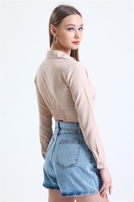 Büzgü Detaylı Gipeli Crop Poplin Gömlek - Bej
