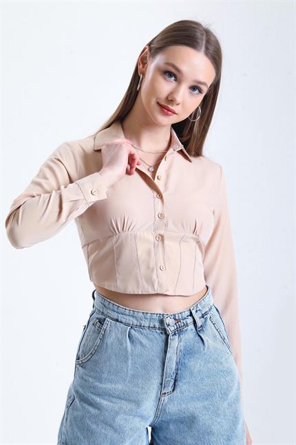 Büzgü Detaylı Gipeli Crop Poplin Gömlek - Bej