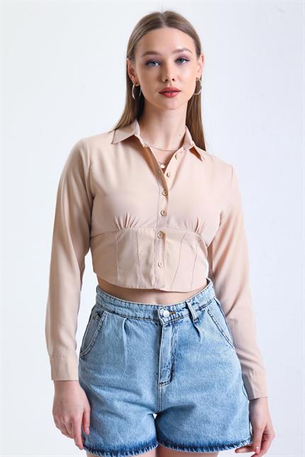Büzgü Detaylı Gipeli Crop Poplin Gömlek - Bej