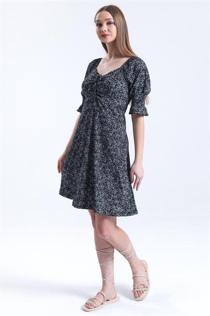 Büzgülü Kolu Gipeli Çiçek Desenli Elbise - Siyah