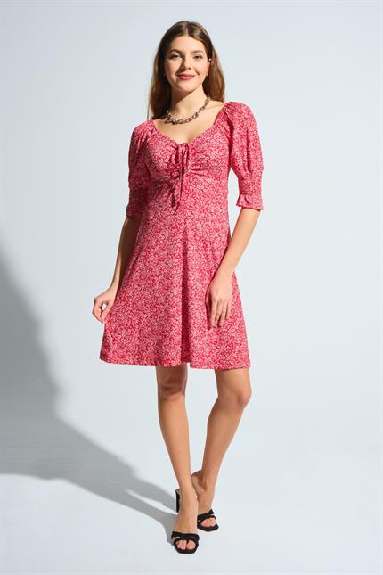 Büzgülü Kolu Gipeli Çiçek Desenli Elbise - Kırmızı