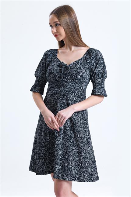 Büzgülü Kolu Gipeli Çiçek Desenli Elbise - Siyah