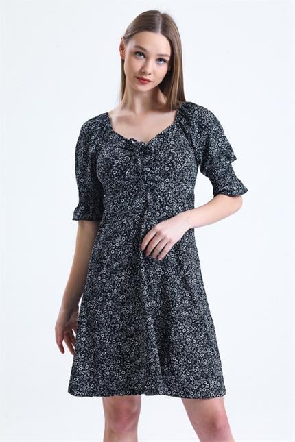 Büzgülü Kolu Gipeli Çiçek Desenli Elbise - Siyah