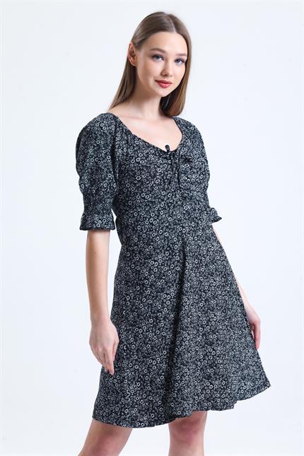 Büzgülü Kolu Gipeli Çiçek Desenli Elbise - Siyah